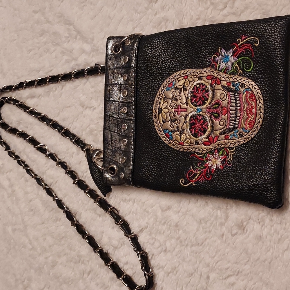 Embroidered Skull Black Crossbody Bag